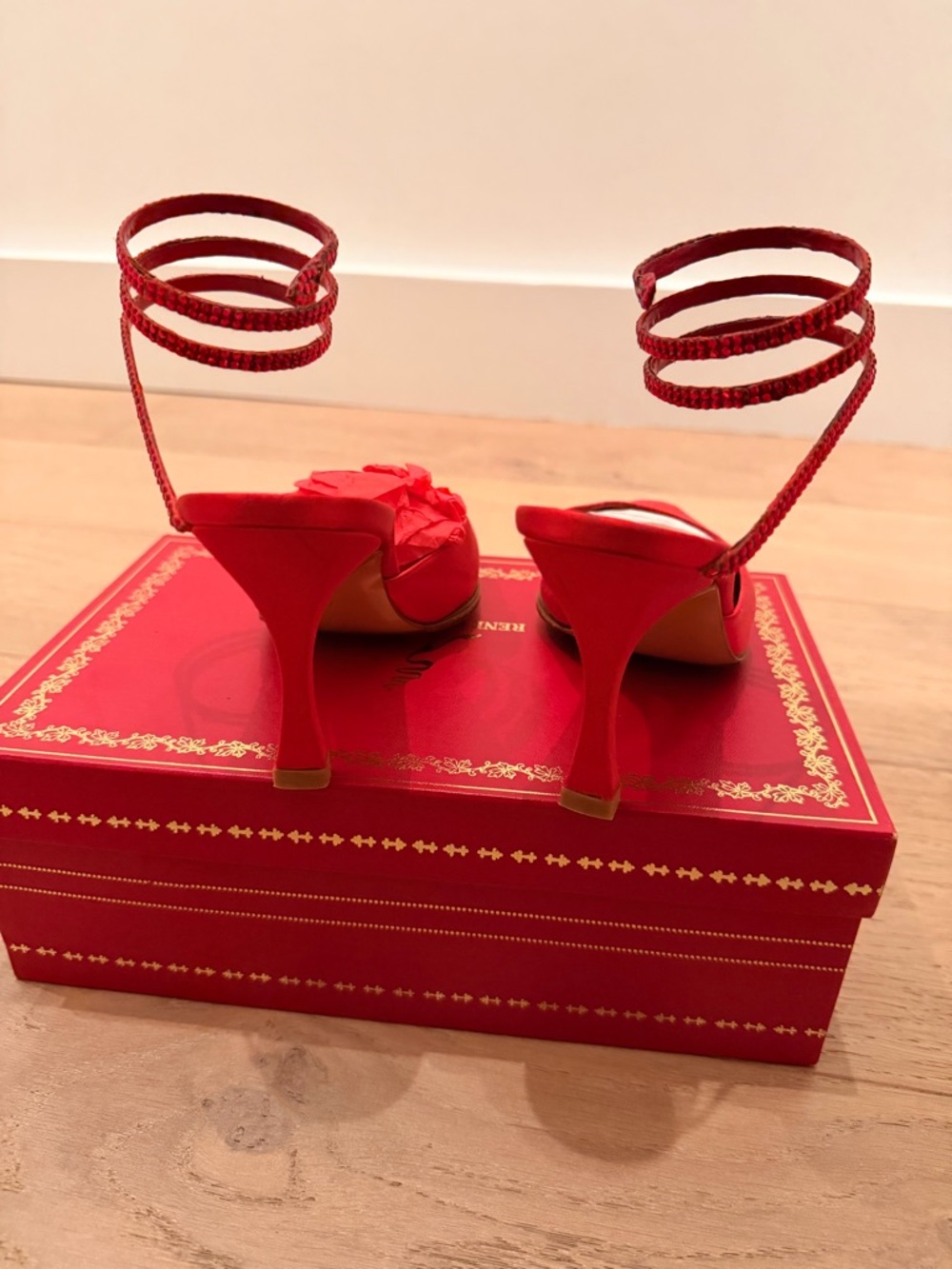 Rene Caovilla Red Satin Crystal Wrap Serpent Heels - Picture 3 of 10